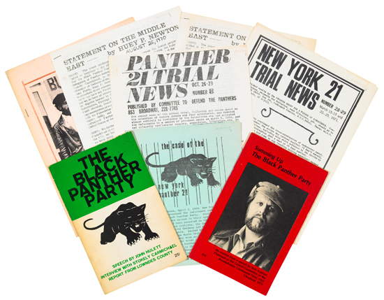 (BLACK PANTHERS.) Group of eight pamphlets: Panther Trial News * New York 21 News * Statement on the Middle East by Huey P. Newton (2 c